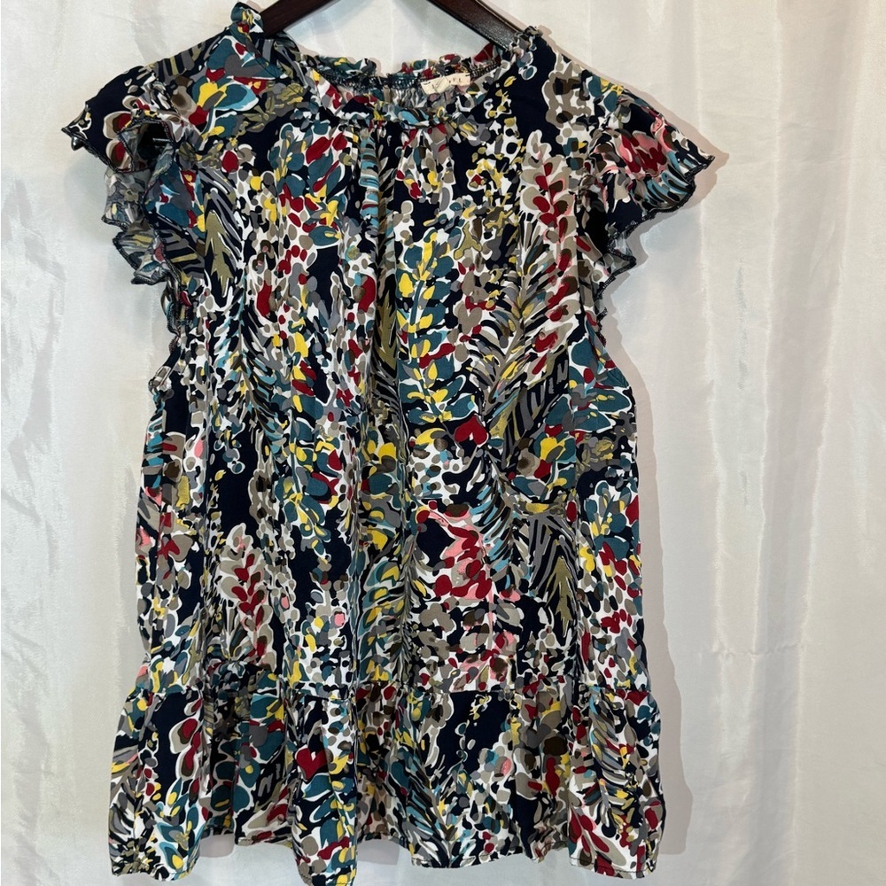 Jodifl Ruffle Sleeve Floral Blouse Multicolor Tiered Top Size L-Peter Pan Collar
